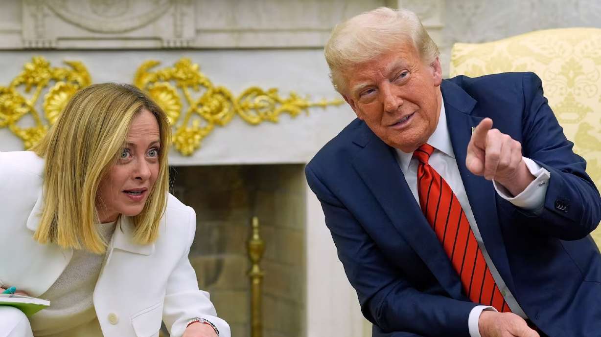 President Donald Trump meets with Italy's Prime Minister Giorgia Meloni in the Oval Office of the White House, April 17 in Washington. The ambassador of the European Union says the Trump administration's tariffs must be "mutually beneficial."