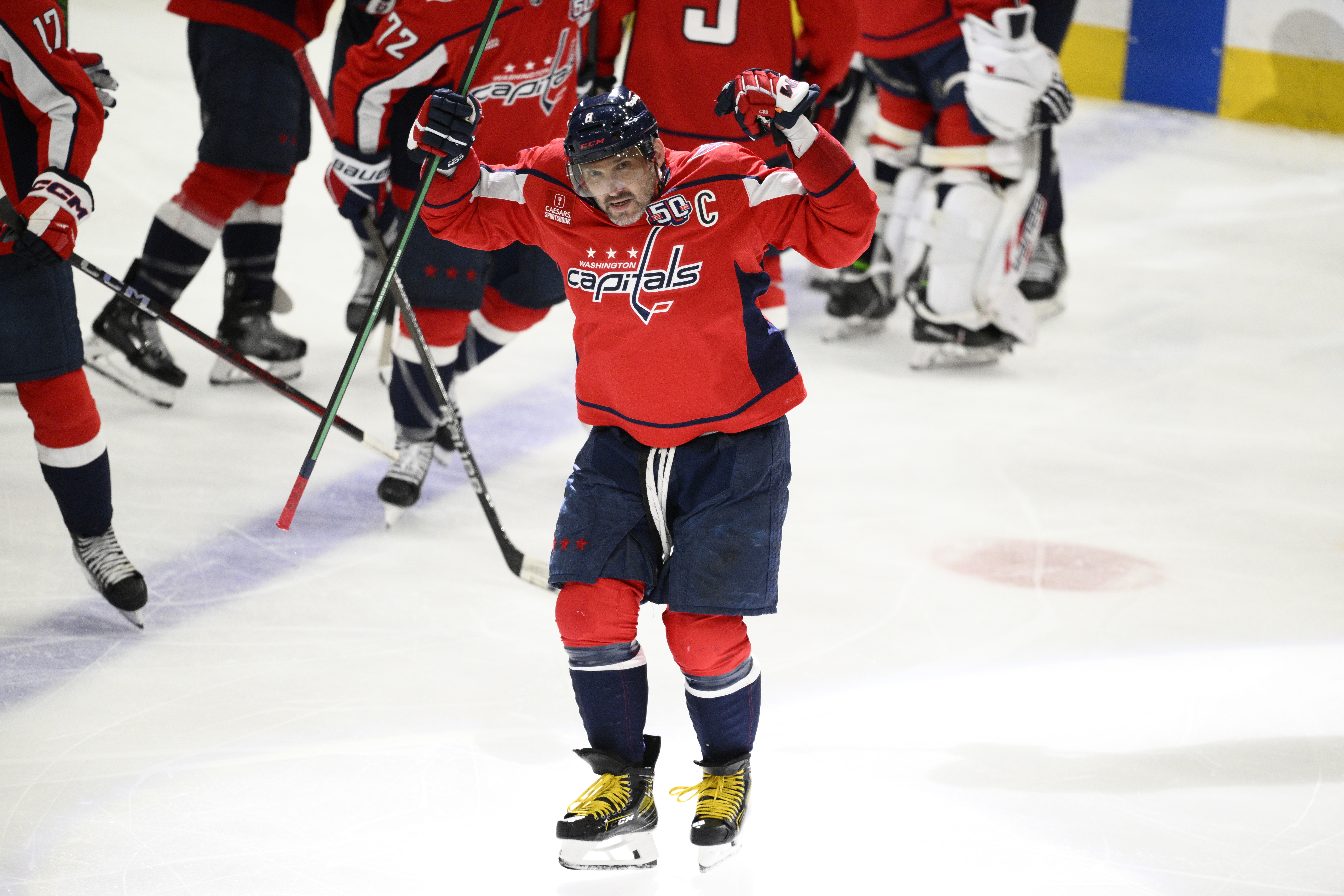 Washington Capitals left wing Alex Ovechkin (8) celebrates after Game 1 of a first-round NHL hockey playoff series past against the Montreal Canadiens, Monday, April 21, 2025, in Washington.