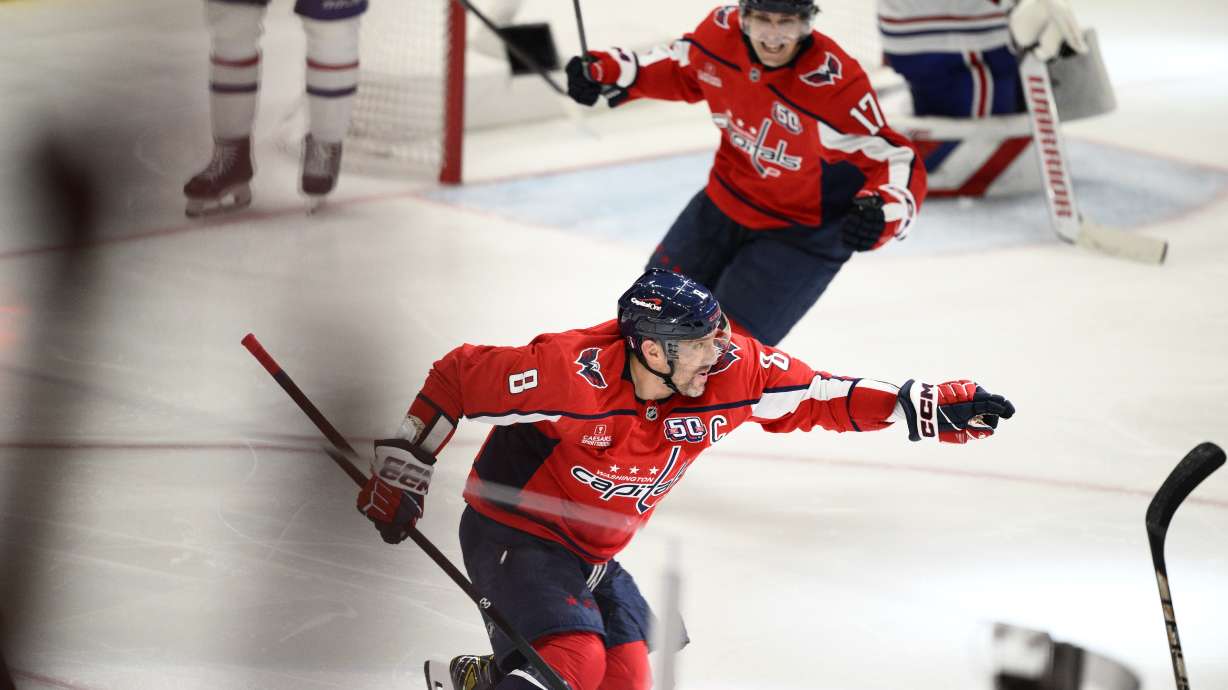 Washington Capitals left wing Alex Ovechkin (8) celebrates after his winning goal in overtime of Game 1 of a first-round NHL hockey playoff series against the Montreal Canadiens, Monday, April 21, 2025, in Washington.