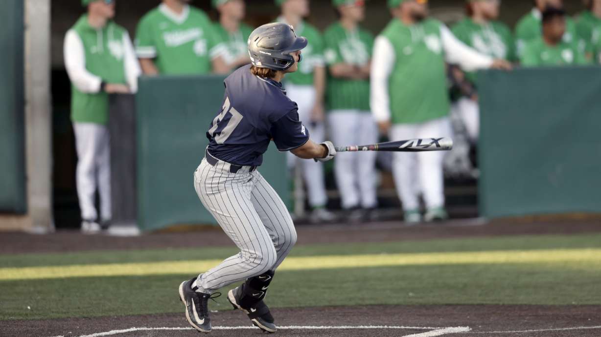 BYU's Chipper Beck takes a cut during a baseball game against Utah Valley, Monday, April 21, 2025 at UCCU Ballpark in Orem, Utah.