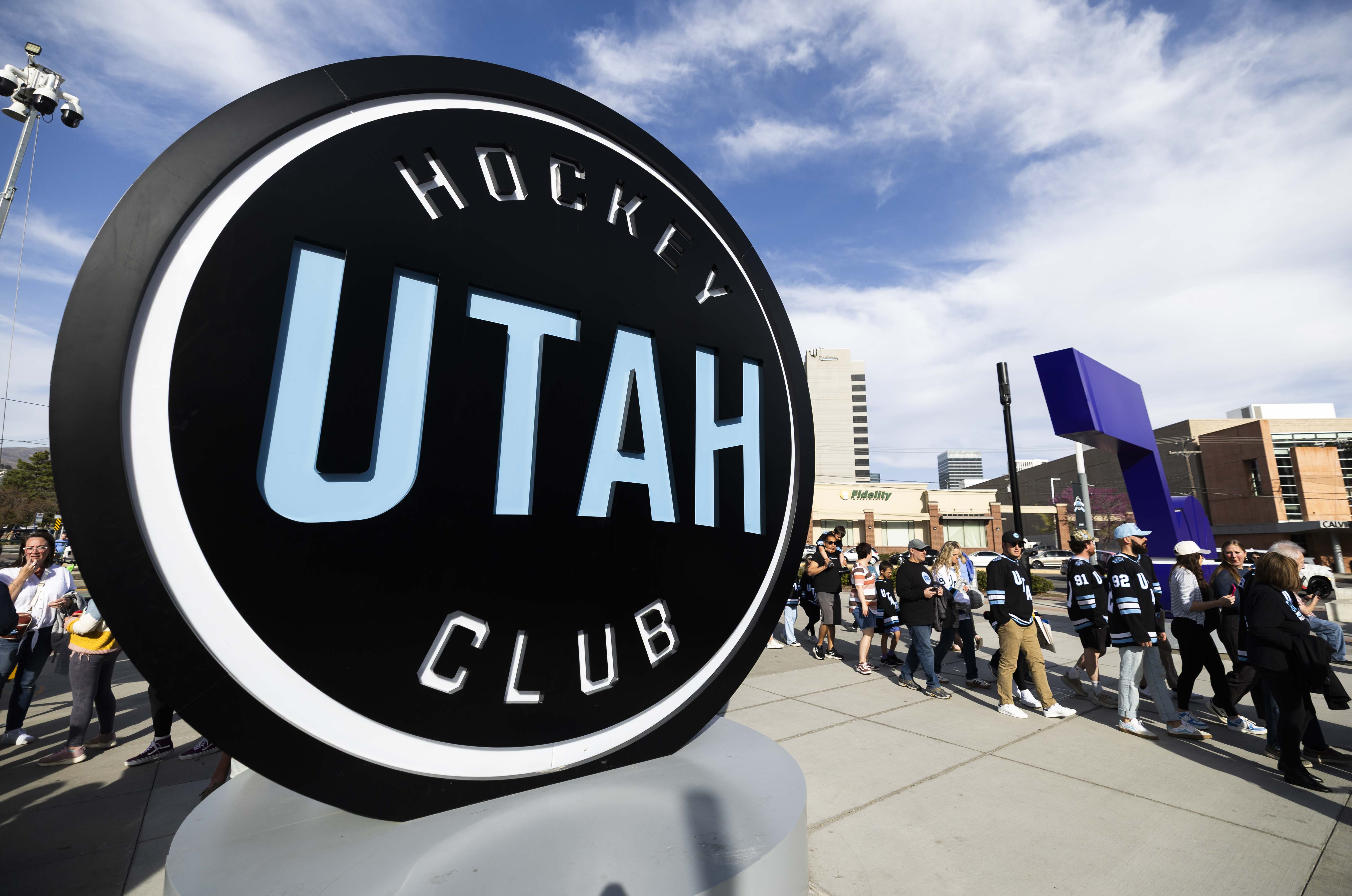 People line up to enter the Delta Center during the Utah Hockey Club’s inaugural season Appreciation Night at Delta Center in Salt Lake City on Thursday, April 10, 2025.
