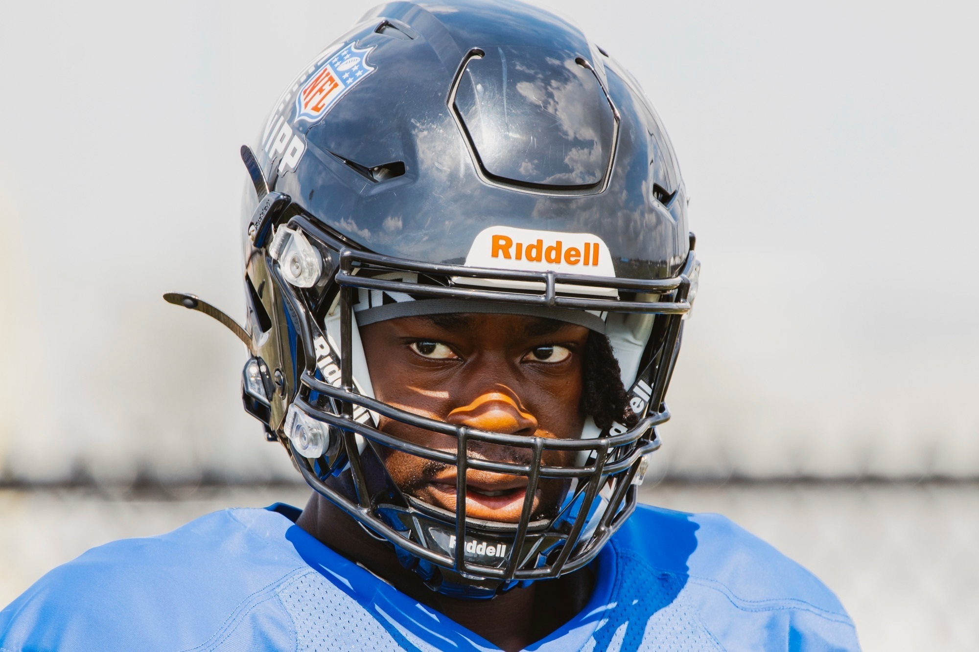 In this February 2025 image provided by the NFL, Mapalo “Maz” Mwansa looks on at the IMG Academy where the NFL's International Players Program train in Bradenton, Fla.