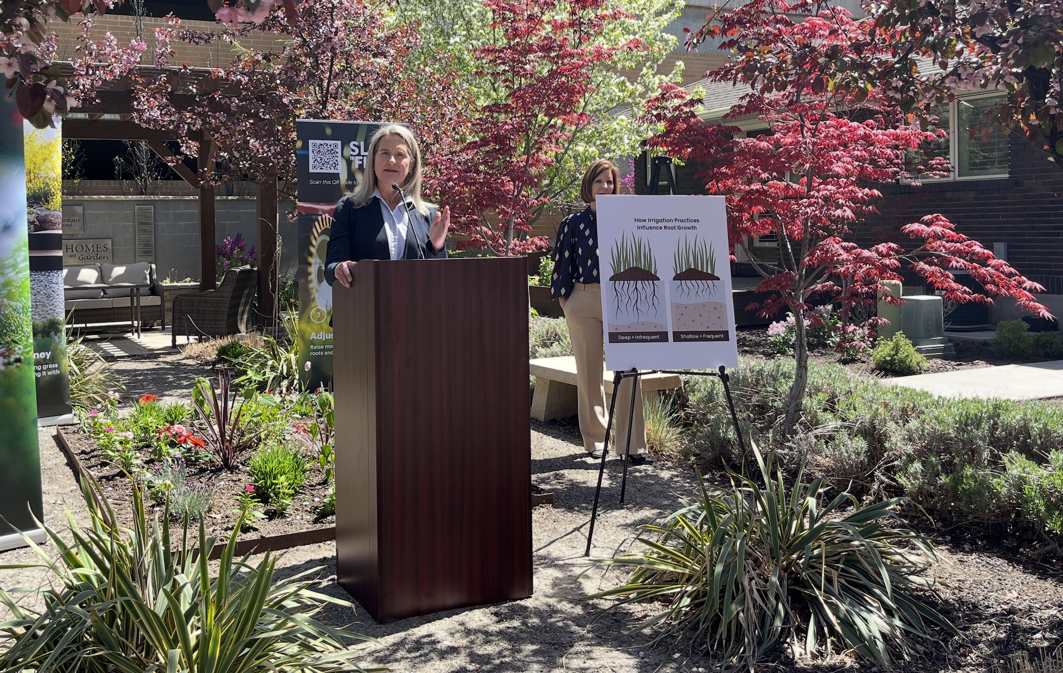 Kelly Kopp, a Utah State University professor and director of its Center for Water Efficient Landscaping, speaks at a Utah Water Ways press conference on water consumption at LDS Hospital in Salt Lake City on Tuesday.