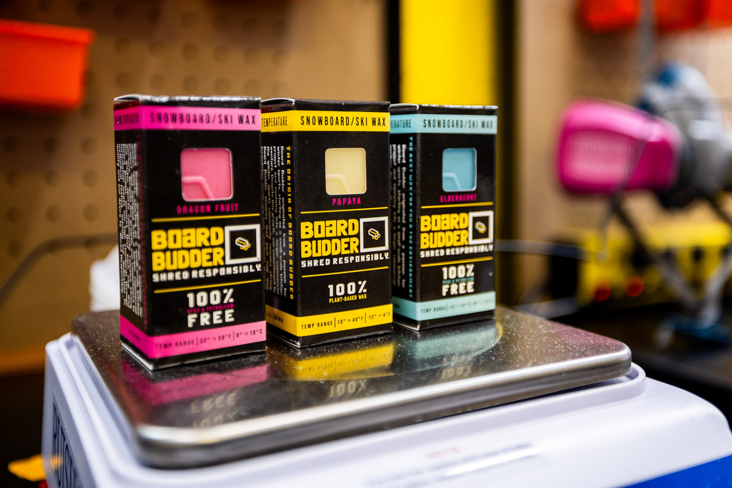 University of Utah Master of Business Creation student Erik Smith’s garage holds wax for his ski and snowboard wax company, Board Budder, in Salt Lake City on Friday, April 18.