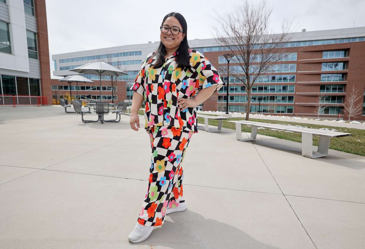 Taby Davila, Shop Taby founder and University of Utah Masters of Business Creation student, poses for a portrait while wearing a Shop Taby plisse set at the University of Utah in Salt Lake City on Wednesday, April 2.