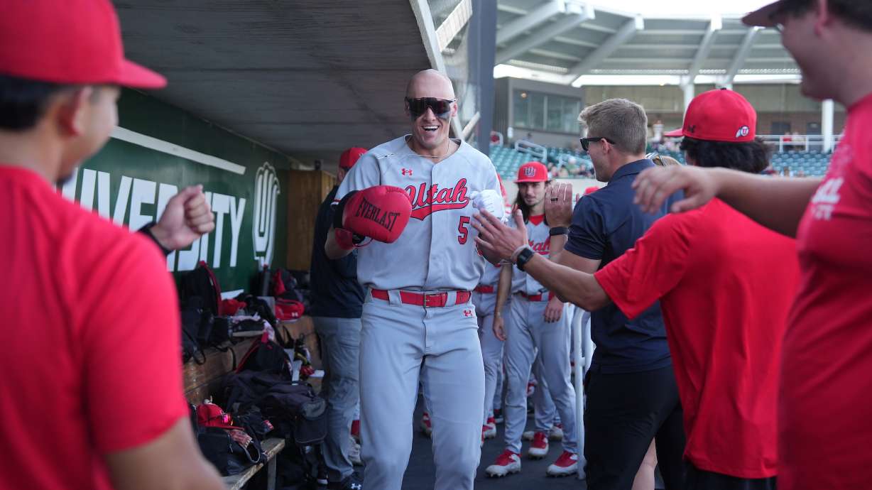 Utah's Kaden Carpenter celebrates a home run during the Utes' 13-5 win over Utah Valley, Tuesday, April 22, 2025 at UCCU Ballpark in Orem, Utah.