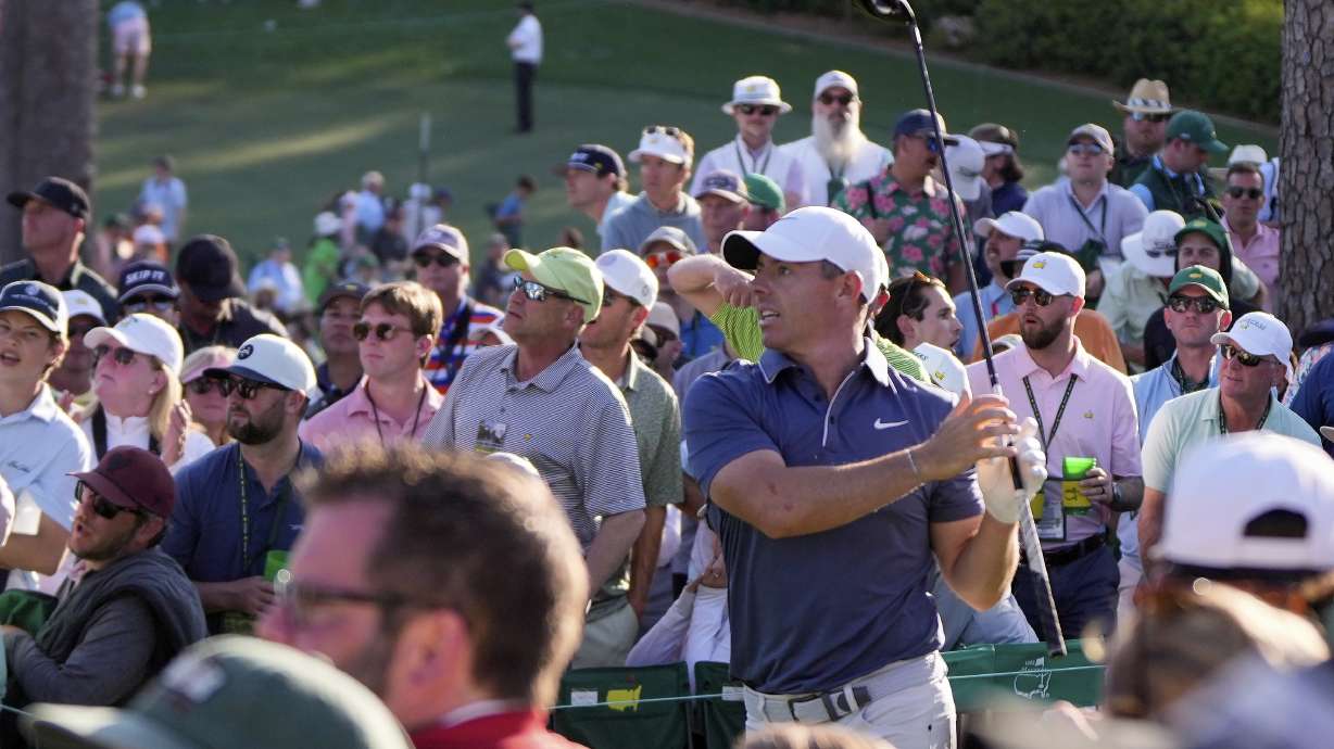 Rory McIlroy, of Northern Ireland, watches his tee shot on the 17th hole during the final round at the Masters golf tournament, Sunday, April 13, 2025, in Augusta, Ga.