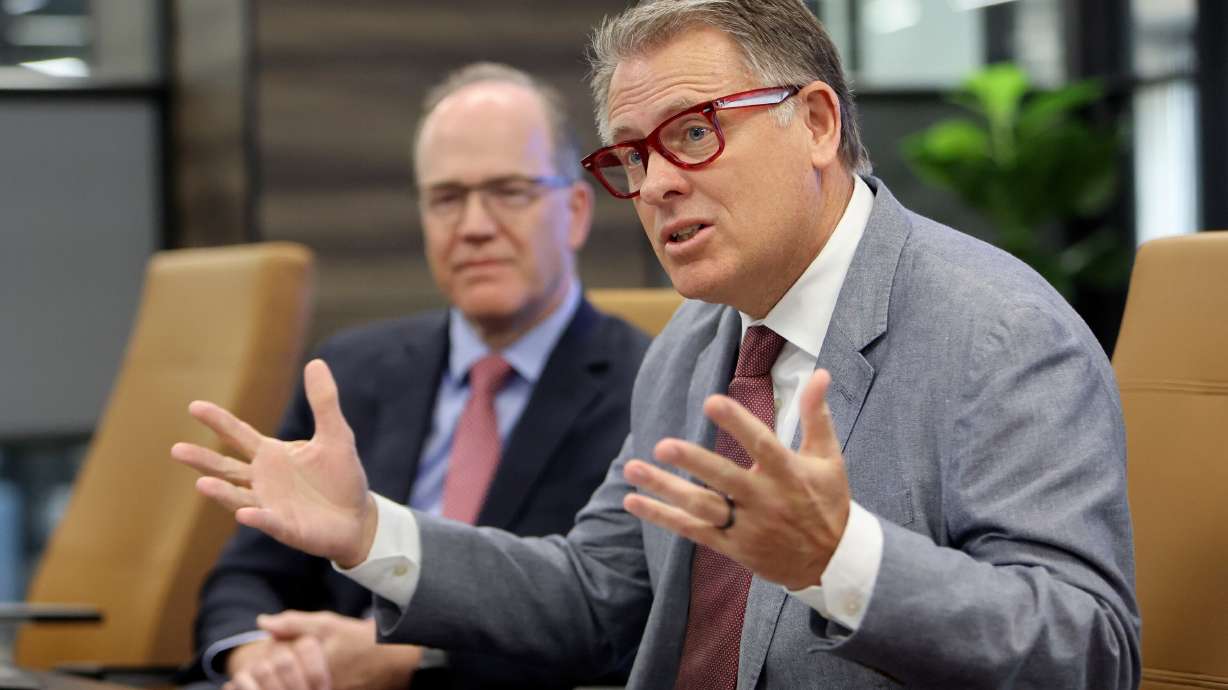 Taylor Randall, University of Utah president, talks with the Deseret News editorial board at the Deseret News office in Salt Lake City on Wednesday. The university will soon offer academic credit to students who have performed humanitarian service.