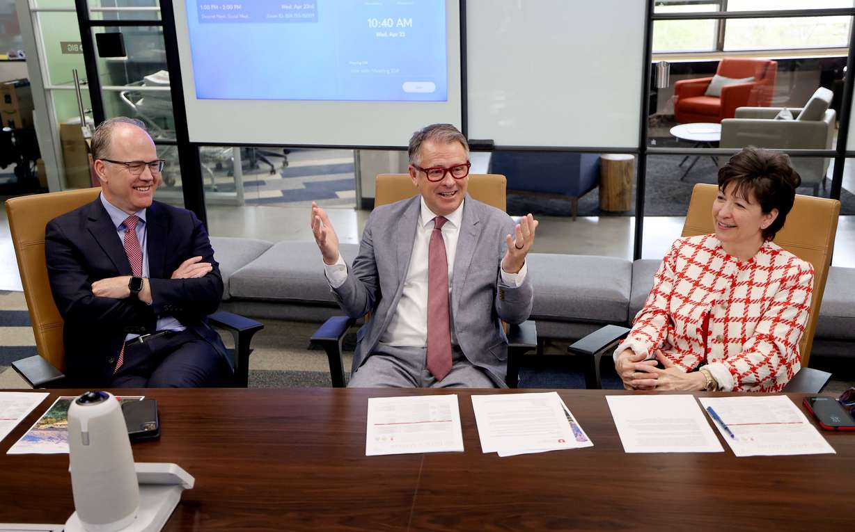 Dr. Bob Carter, University of Utah Health CEO and senior vice president for health sciences, Taylor Randall, University of Utah president, and Mitzi M. Montoya, University of Utah provost and senior vice president for academic affairs, meets with the Deseret News editorial board at the Deseret News office in Salt Lake City on Wednesday.