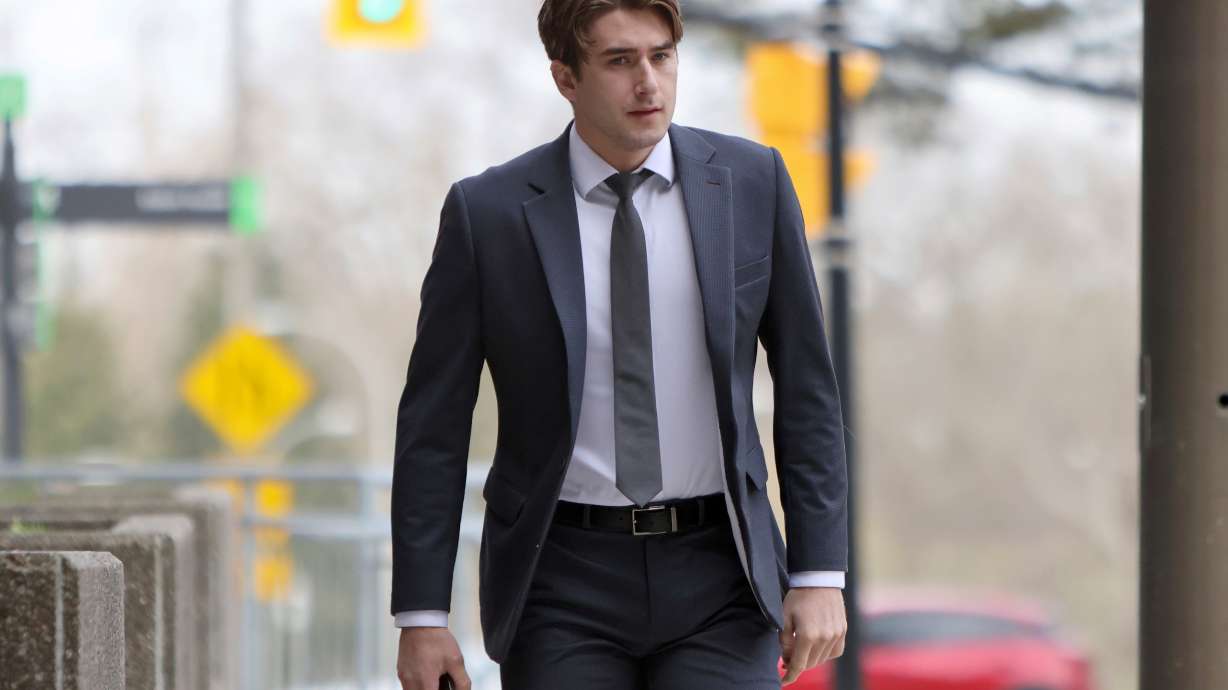 Michael McLeod, one of five members of Canada’s 2018 world junior hockey team charged with sexual assault last year for an incident that allegedly took place in June 2018, arrives at the London Courthouse in London, Ontario, Wednesday, April 23, 2025.