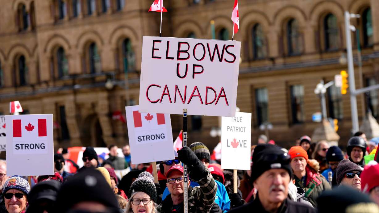 People rally in response to President Donald Trump's threats to Canadian sovereignty on Parliament Hill in Ottawa, March 9. Trump's foreign policy may have cost the Canadian Conservatives the parliamentary election on Monday.