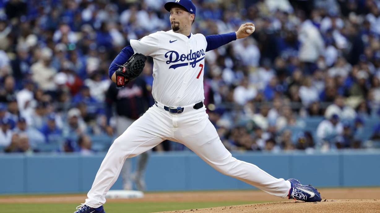 Los Angeles Dodgers' Blake Snell throws against the Atlanta Braves during the first inning of a baseball game Wednesday, April 2, 2025, in Los Angeles.