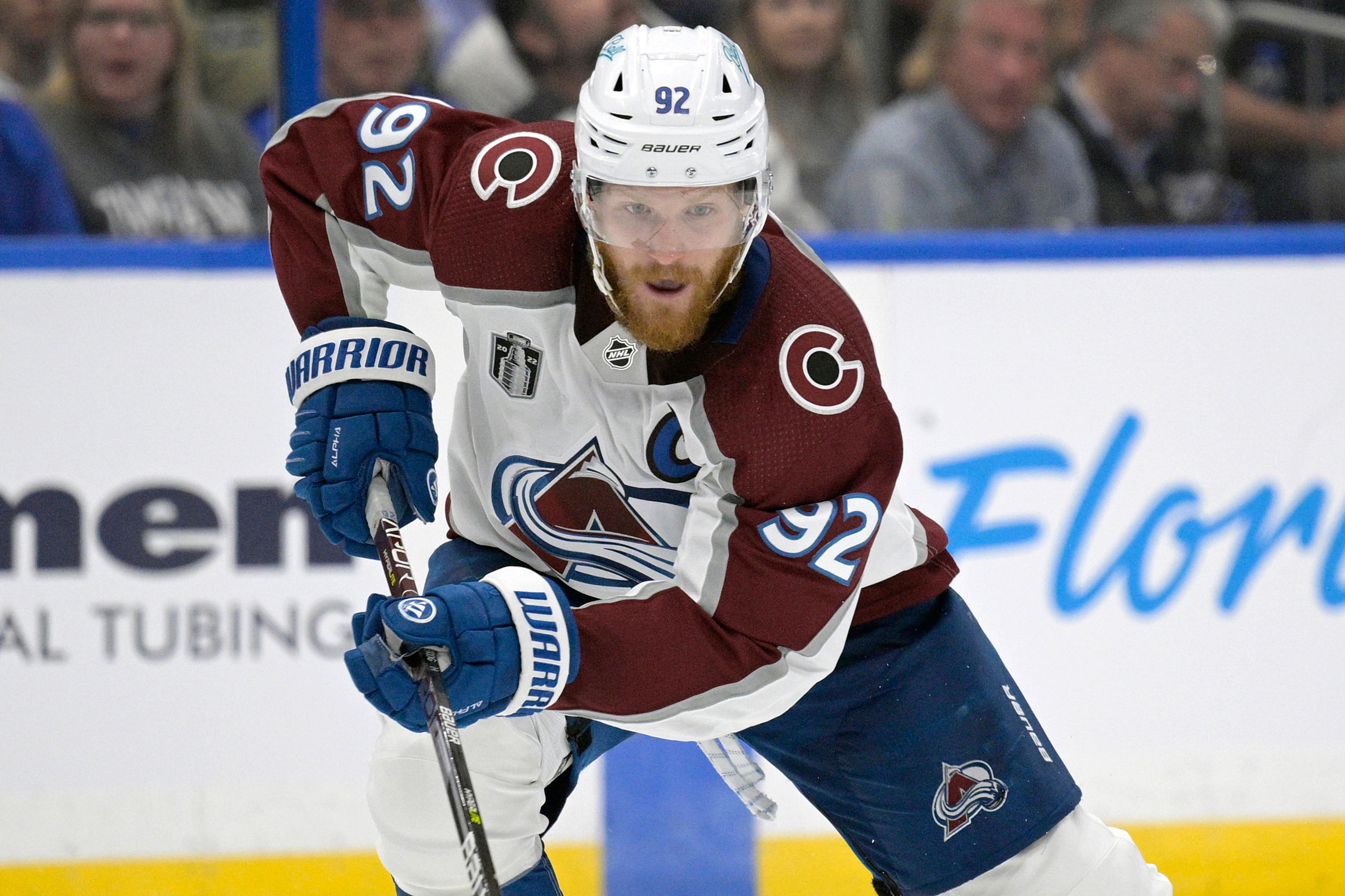 FILE - Colorado Avalanche left wing Gabriel Landeskog (92) skates during the second period of Game 4 of the NHL hockey Stanley Cup Finals on Wednesday, June 22, 2022, in Tampa, Fla.