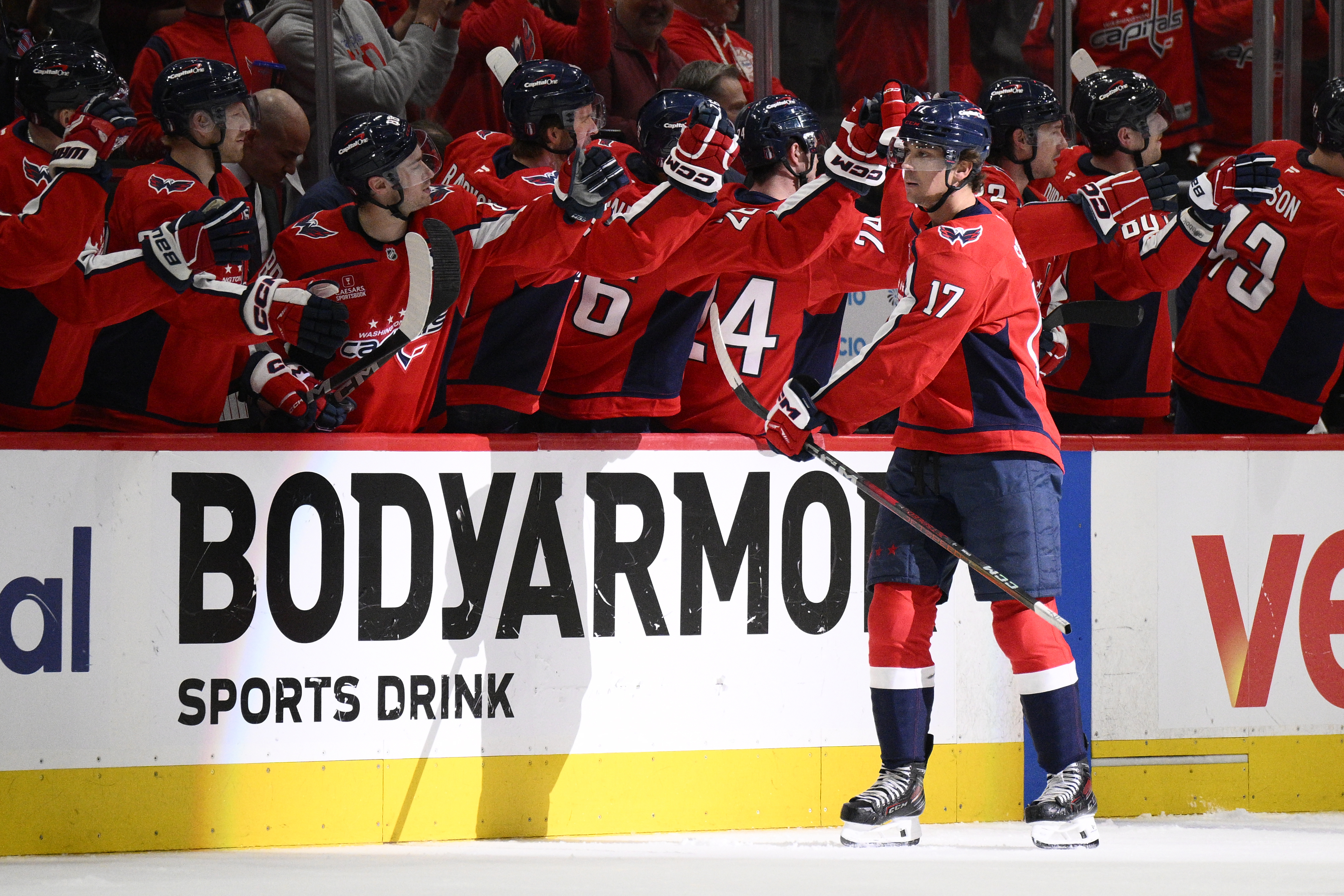 Washington Capitals center Dylan Strome (17) celebrates his goal in the second period of Game 2 of a first-round NHL hockey playoff series against the Montreal Canadiens Wednesday, April 23, 2025, in Washington.