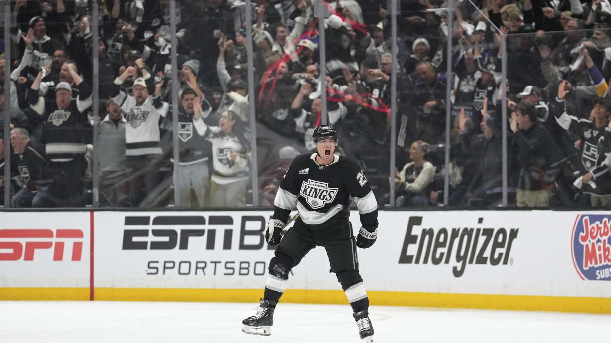 Los Angeles Kings left wing Kevin Fiala celebrates his goal during the third period in Game 1 of an NHL hockey first-round playoff series against the Edmonton Oilers, Monday, April 21, 2025, in Los Angeles.