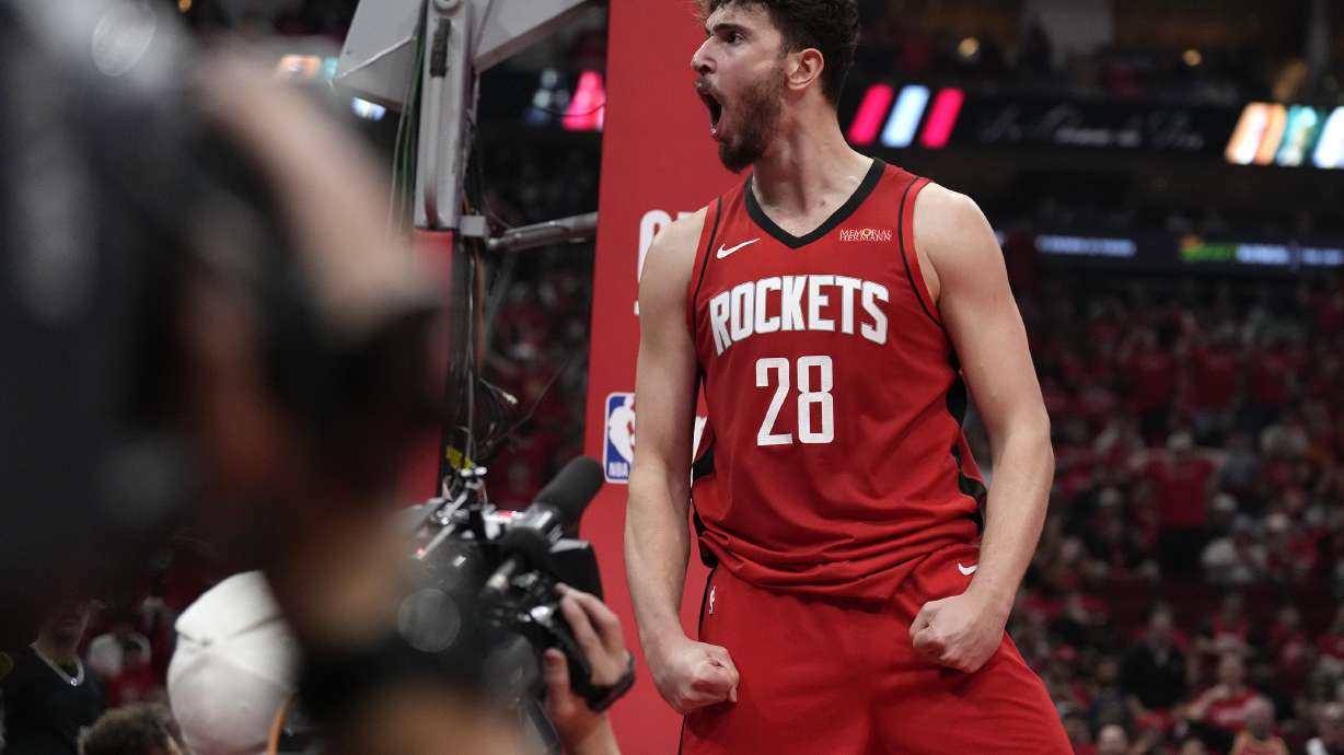 Houston Rockets center Alperen Sengun (28) reacts after he was fouled scoring a basket against the Golden State Warriors during the first half of Game 2 of an NBA basketball first-round playoff series against the Houston Rockets in Houston, Wednesday, April 23, 2025.