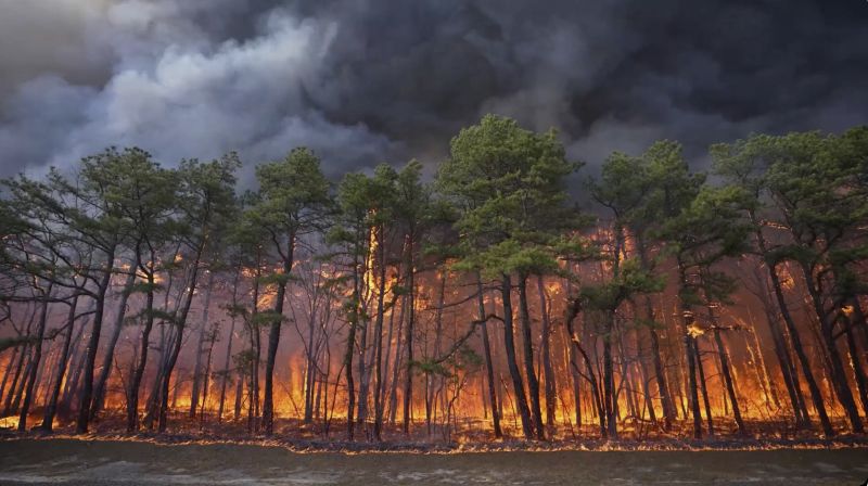 Smoke fills the sky from a wildfire in Lacey Township, N.J., on Tuesday.
