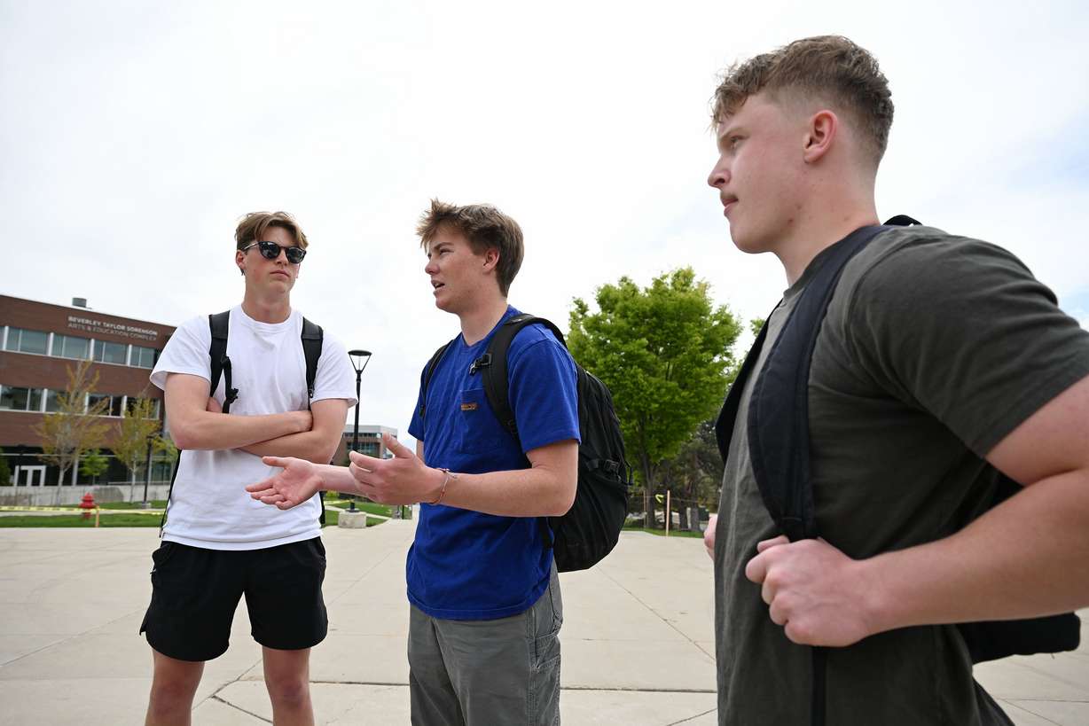 University of Utah students Ryan Barrie, Sawyer Blair and Jefferson Roberts talk on campus in Salt Lake City upon hearing that the school will soon be offering academic credit to returned missionaries, active duty military and veterans, and other eligible students who have performed humanitarian service in their communities and beyond.