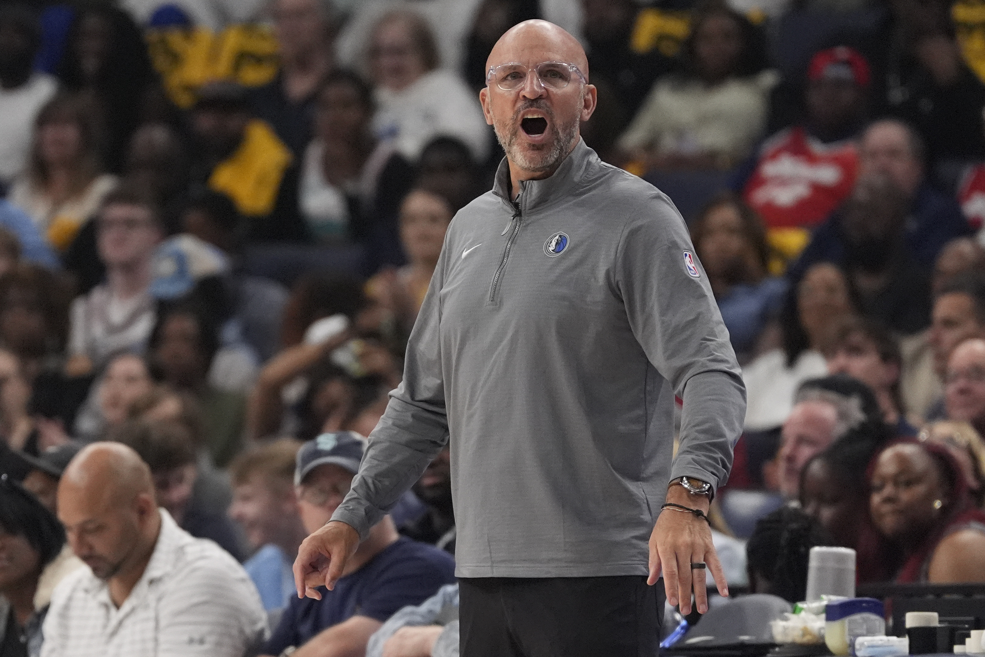 Dallas Mavericks head coach Jason Kidd yells to his players during the first half of an NBA play-in tournament basketball game against the Memphis Grizzlies, Friday, April 18, 2025, in Memphis, Tenn.