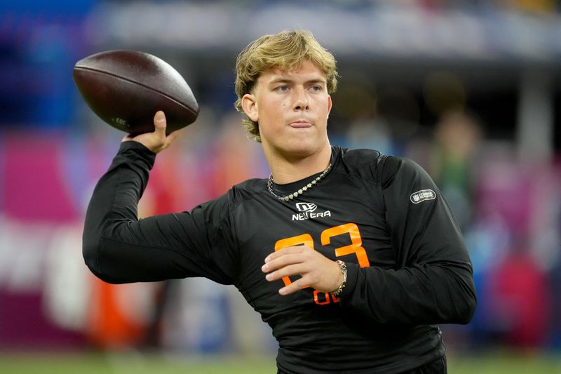Mar 1, 2025; Indianapolis, IN, USA; Mississippi quarterback Jaxson Dart (QB03) during the 2025 NFL Combine at Lucas Oil Stadium.