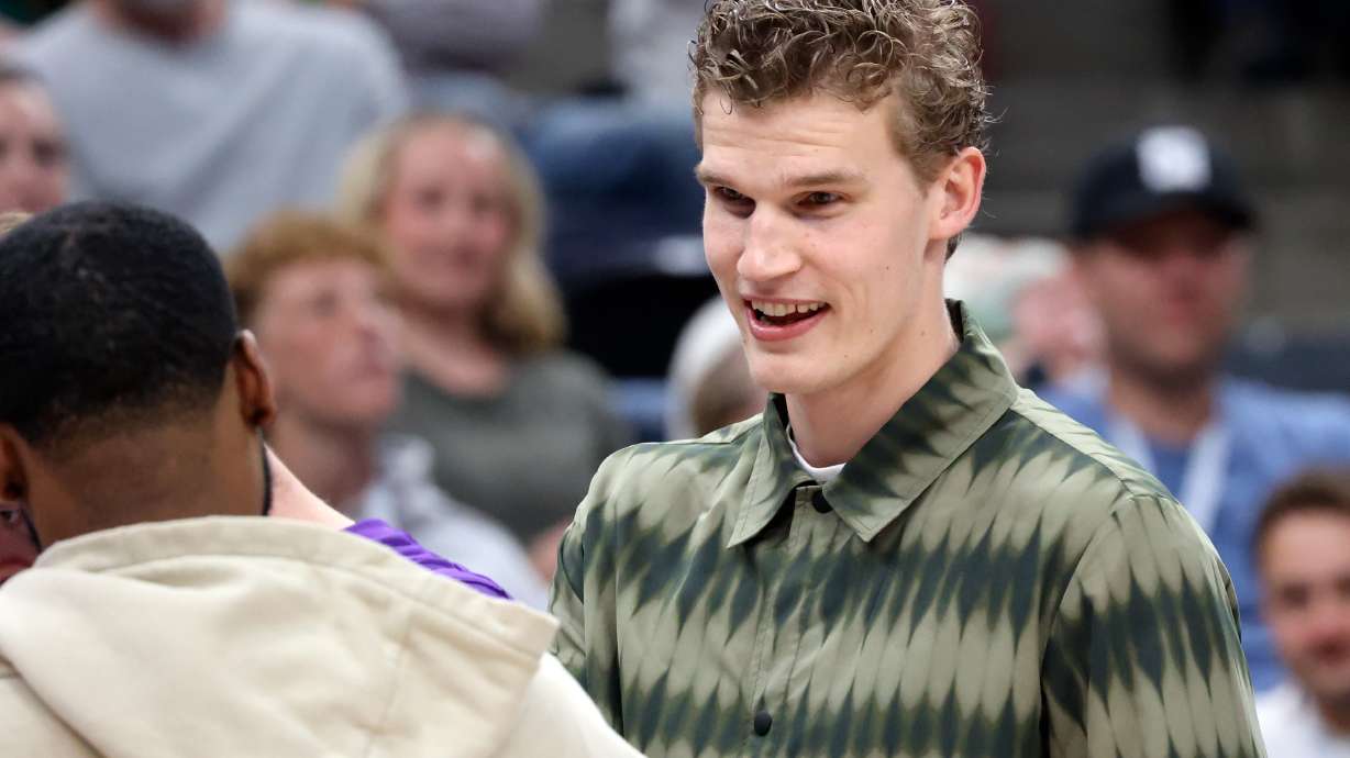 Utah Jazz forward Lauri Markkanen (23) talks to teammates during a break in an NBA game between the Utah Jazz and the Oklahoma City Thunder at the Delta Center in Salt Lake City on Friday, April 11, 2025.