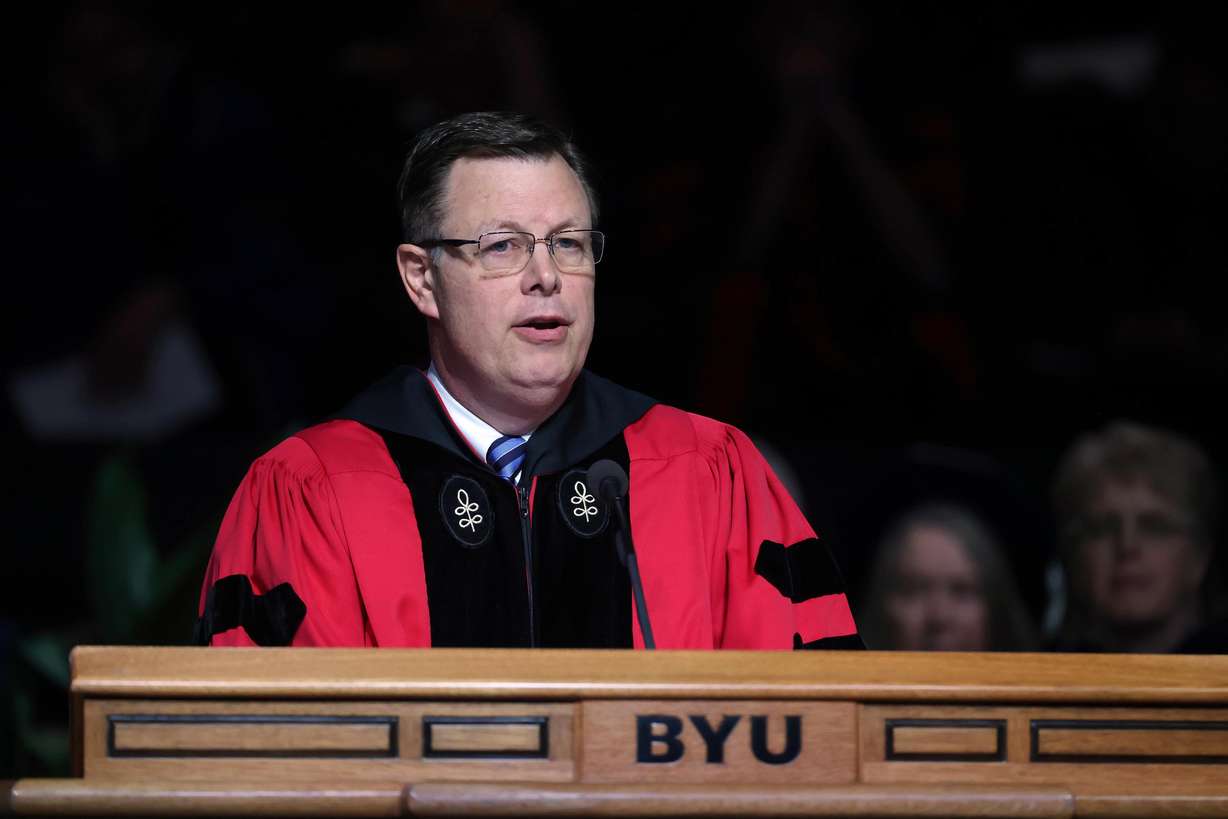 Elder Clark G. Gilbert, a General Authority Seventy of The Church of Jesus Christ of Latter-day Saints and commissioner of the Church Educational System, gives the commencement address during Brigham Young University’s commencement ceremony, held at the Marriott Center in Provo on Thursday, April 24.