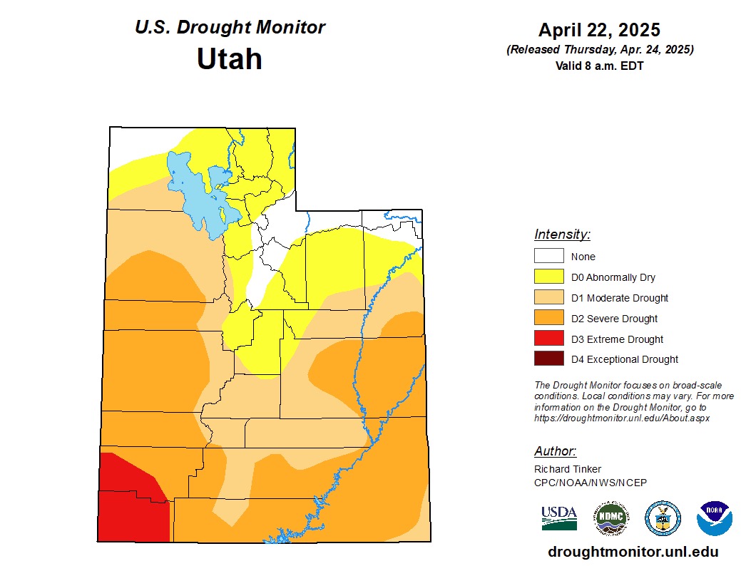 This map shows Utah's drought situation as of Thursday. Nearly three-fourths of the state are listed in moderate drought or worse.