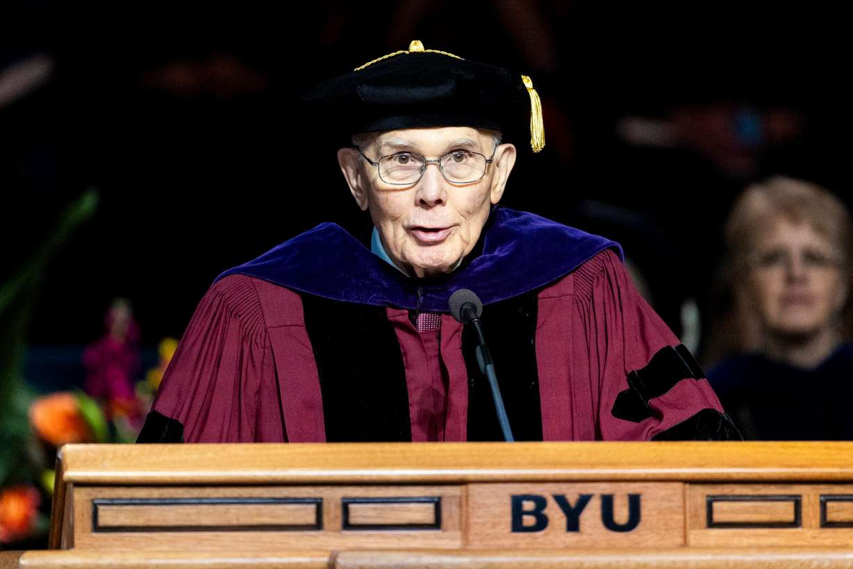 President Dallin H. Oaks, first counselor in the First Presidency of The Church of Jesus Christ of Latter-day Saints, speaks during Brigham Young University’s commencement ceremony, held at the Marriott Center in Provo on April 24.