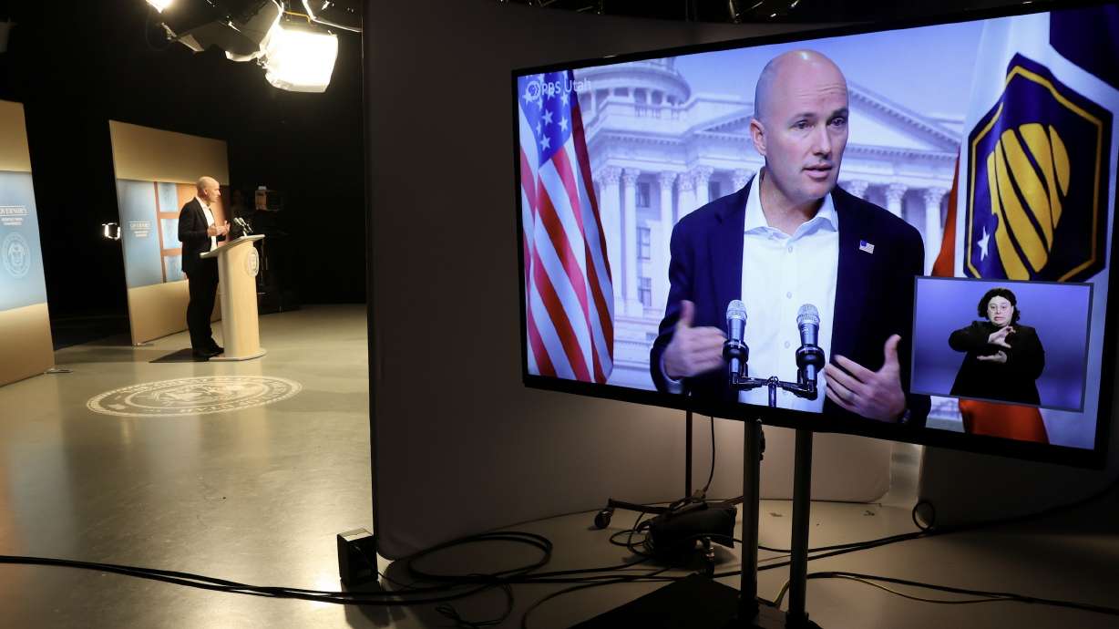 Utah Gov. Spencer Cox speaks at the PBS Utah Governor’s Monthly News Conference in Salt Lake City on April 17. Cox on Thursday issued a drought declaration for 17 of Utah's 29 counties.