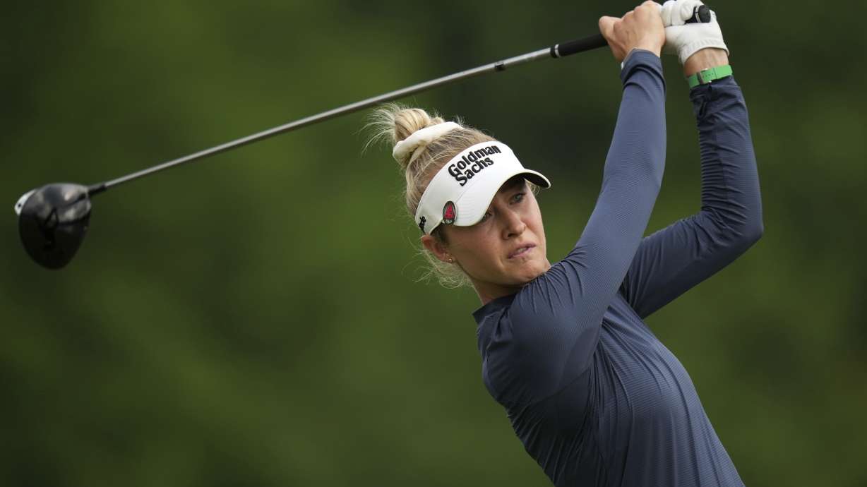 Nelly Korda hits on the fourth hole during the first round of the Chevron Championship LPGA golf tournament Thursday, April 24, 2025, in The Woodlands, Texas.