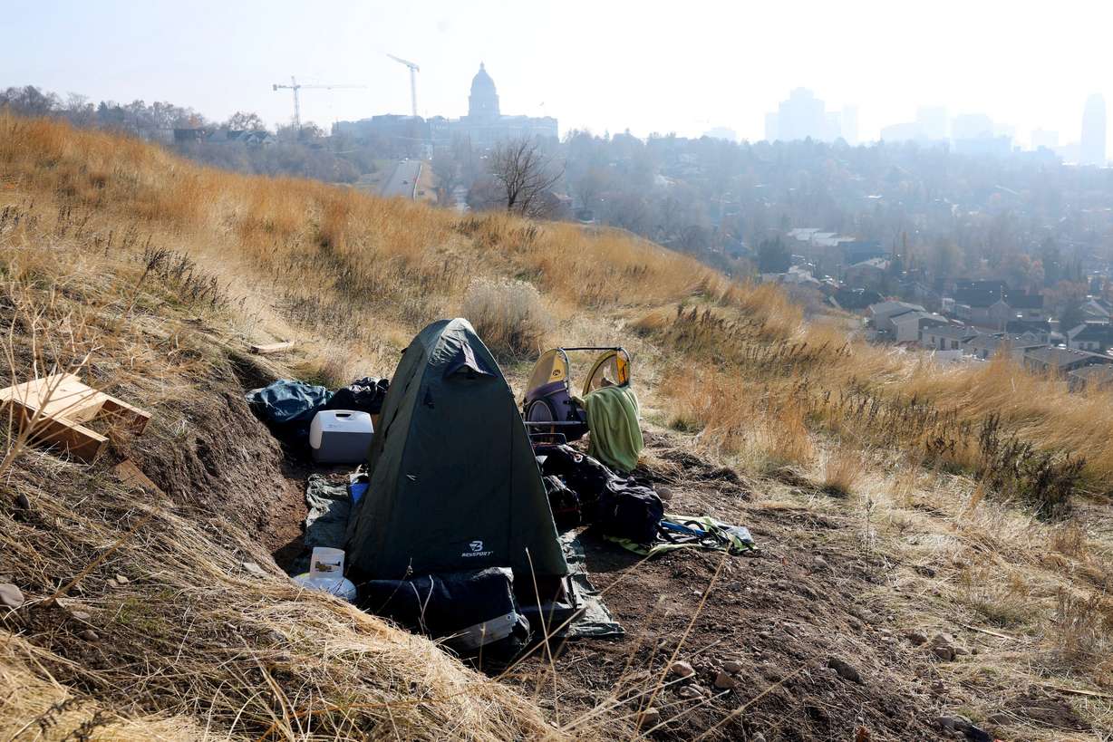 A homeless person’s belongings are pictured on Victory Road in Salt Lake City, Dec. 4, 2024