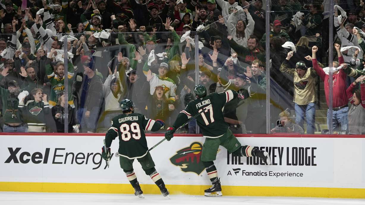 Minnesota Wild left wing Marcus Foligno (17) celebrates after scoring a goal during the third period of Game 3 of a first-round NHL hockey playoff series against the Vegas Golden Knights, Thursday, April 24, 2025, in St. Paul, Minn.