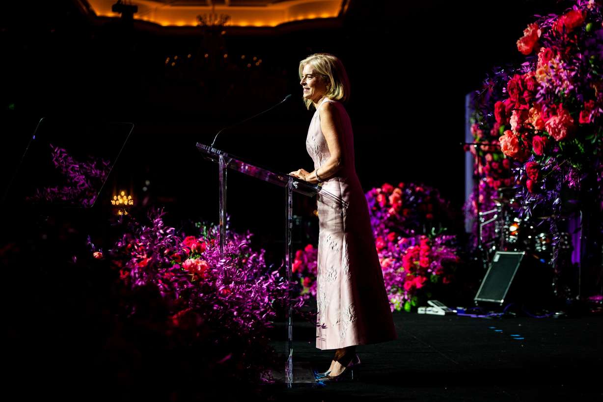 President and COO of the George S. and Dolores Doré Eccles Foundation Lisa Eccles speaks after being honored with the 46th Giant in our City award at the Salt Lake Chamber’s 2025 Giant in our City Celebration at The Grand America Hotel in Salt Lake City on Thursday.