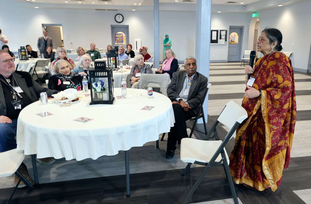 Indra Neelameggham, Salt Lake Interfaith Roundtable treasurer and member of the Hindu community of Salt Lake, speaks at a Salt Lake Interfaith Roundtable luncheon at the Islamic Center in West Jordan on Wednesday.