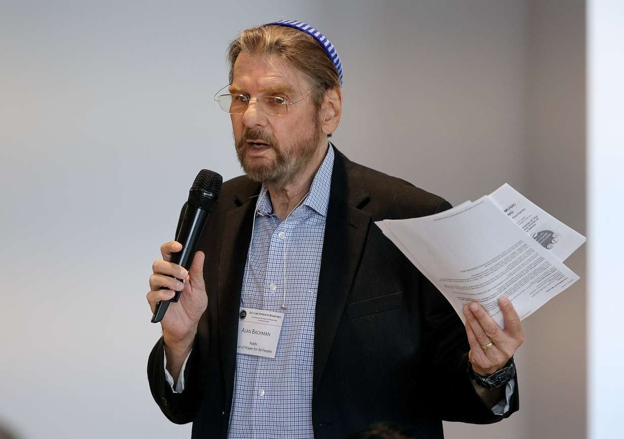 House of Prayer for All Peoples Rabbi Alan Scott Bachman speaks at a Salt Lake Interfaith Roundtable luncheon at the Islamic Center in West Jordan on Wednesday.