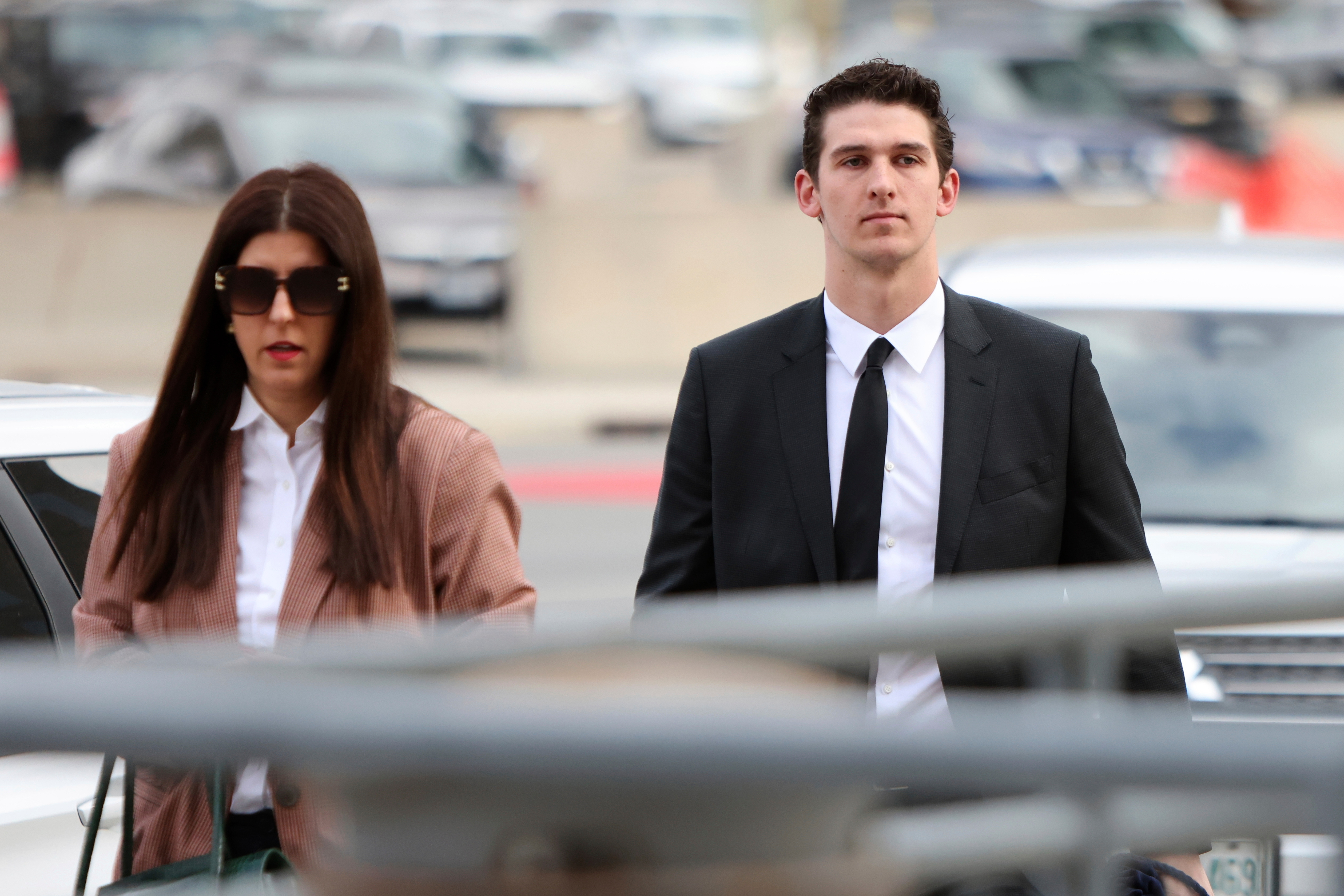 Cal Foote, one of five members of Canada’s 2018 world junior hockey team charged with sexual assault last year for an incident that allegedly took place in June 2018, arrives at the London Courthouse in London, Ontario, Wednesday, April 23, 2025.