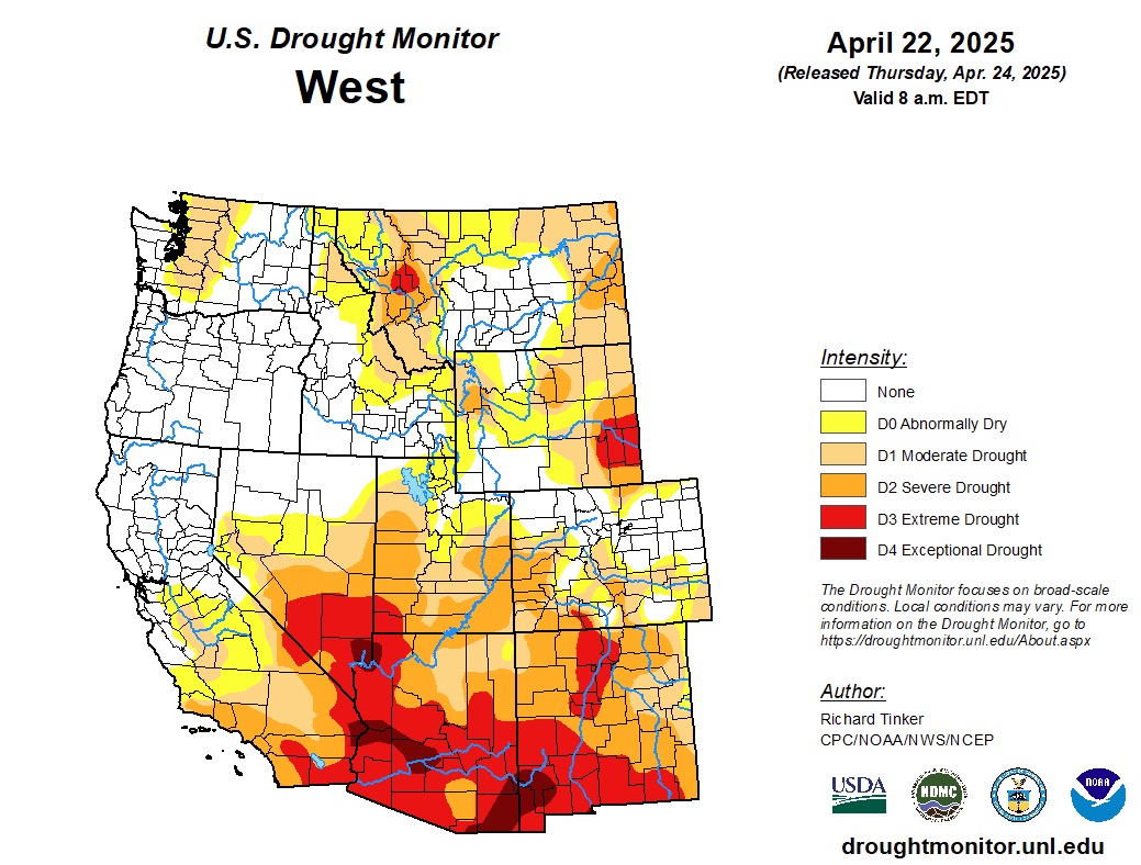 This map shows drought conditions across the West as of Thursday. The Southwest holds most of the region's driest conditions.