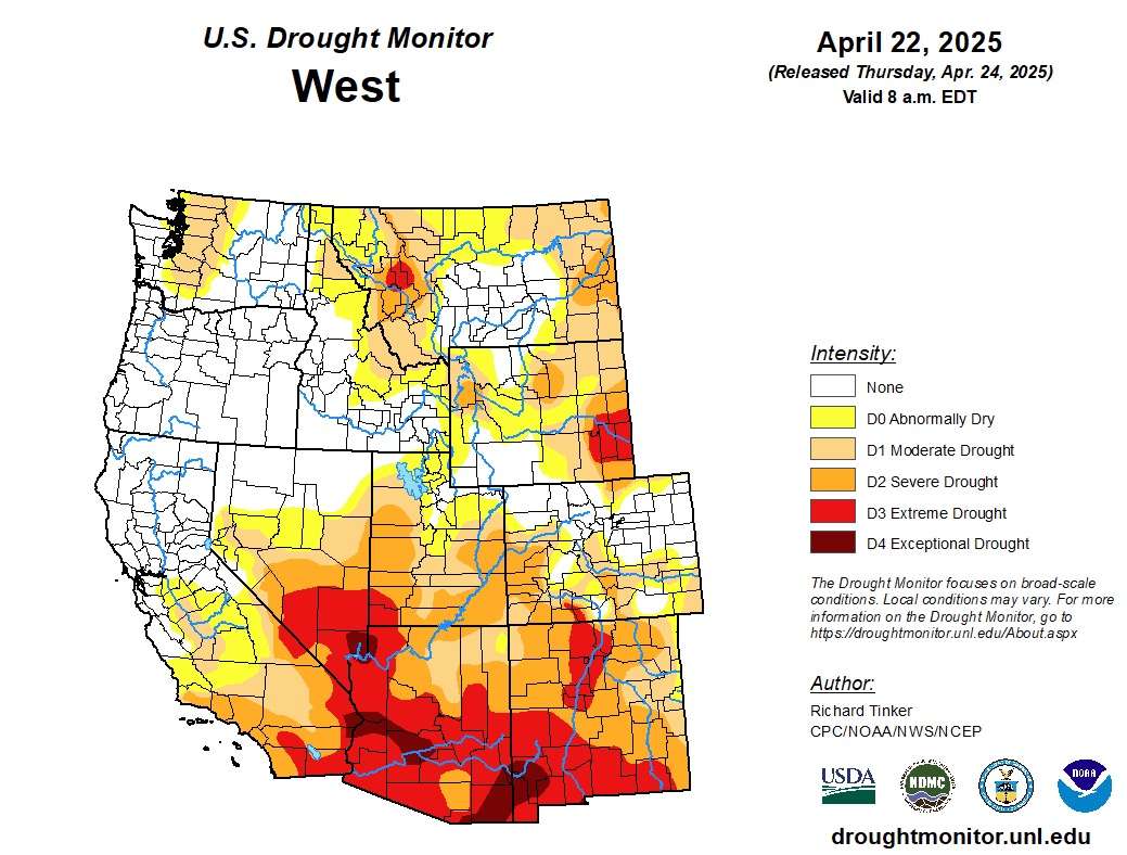 This map shows drought conditions across the West as of Thursday. The Southwest holds most of the region's driest conditions.
