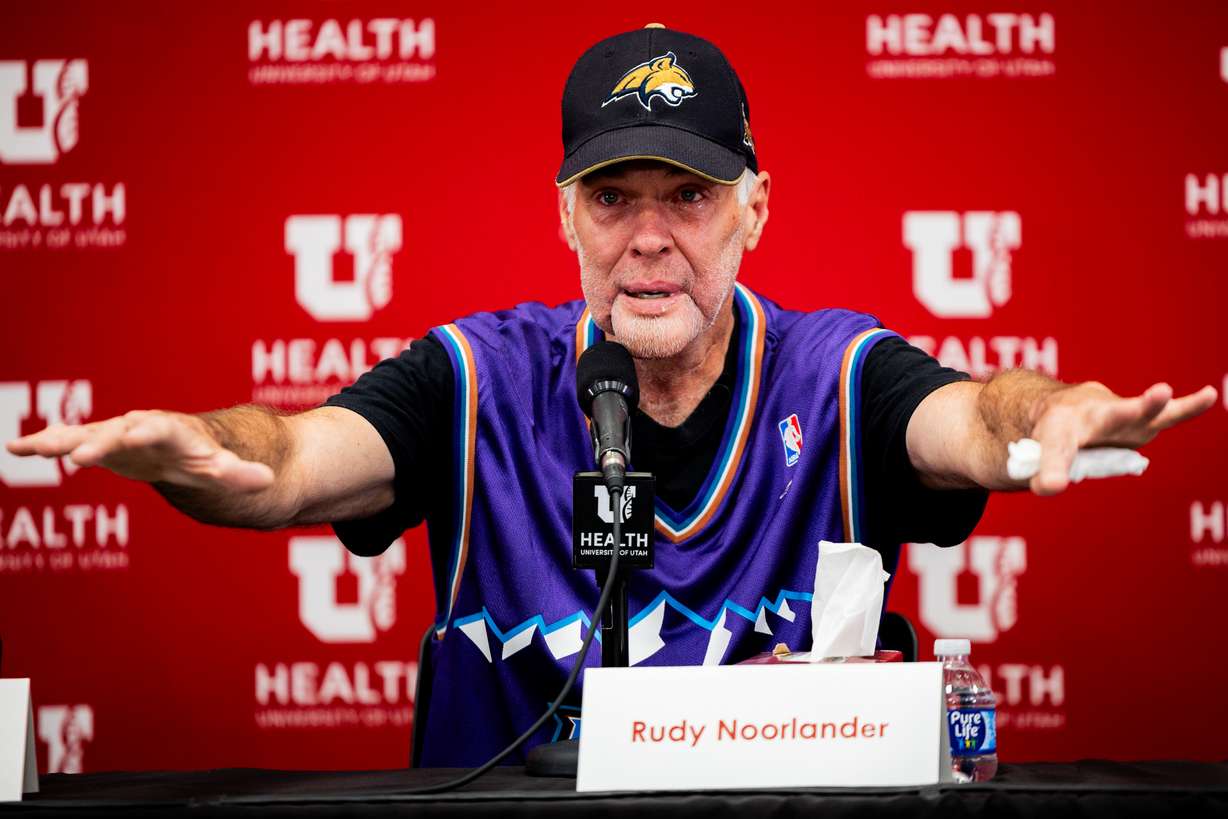 Rudy Noorlander speaks during a press conference discussing the care he received at University of Utah Hospital after a life-threatening grizzly bear attack on Sept. 8, 2023, in Big Sky, Mont., at University of Utah Health Clinical Neurosciences Center in Salt Lake City on Friday.