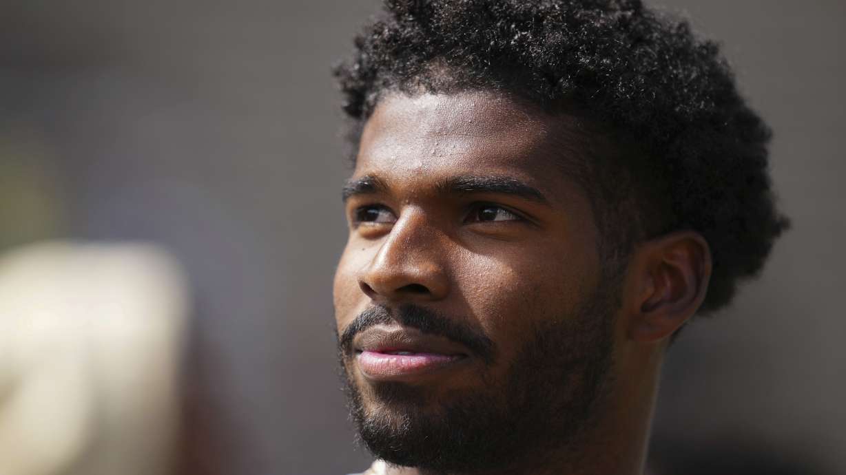 Shedeur Sanders looks on at his jersey retirement ceremony during Colorado's NCAA college football spring game, Saturday, April 19, 2025, in Boulder, Colo.