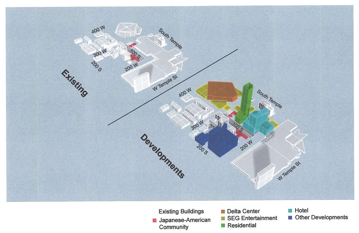 These models show where the Japanese Church of Christ and Salt Lake Buddhist Temple fit within the "sports, entertainment, culture and convention" district in downtown Salt Lake City.
