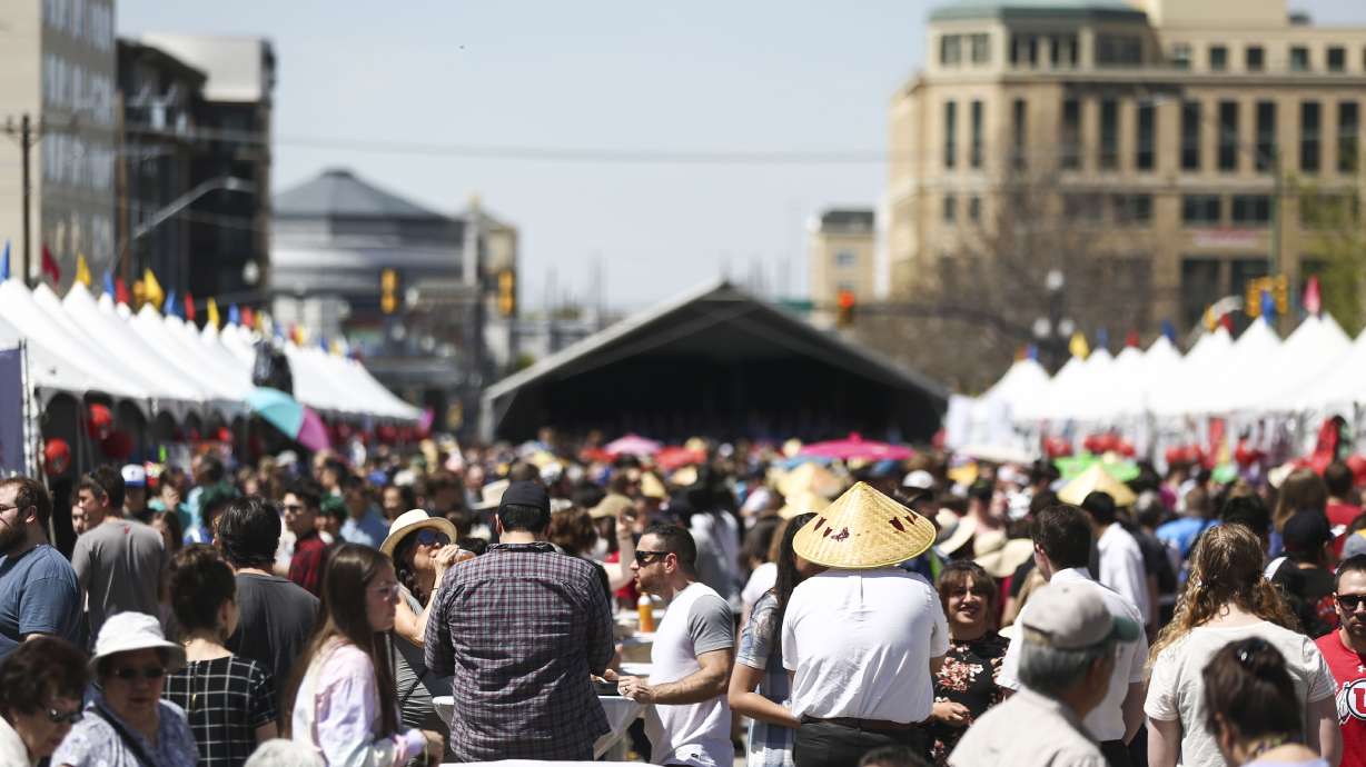 Patrons make their way around booths at the Nihon Matsuri Japan Festival in Salt Lake City on April 27, 2019. The annual free festival will take place again in Salt Lake City on Saturday.