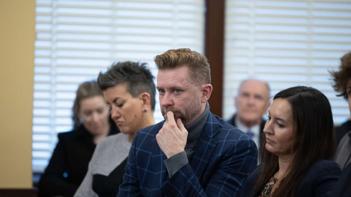 Troy Williams, executive director of Equality Utah, middle, attends meeting at the Capitol on Feb. 6, 2023. A judge dismissed a defamation lawsuit against Williams under a law designed to protect residents from being sued for exercising free speech rights.