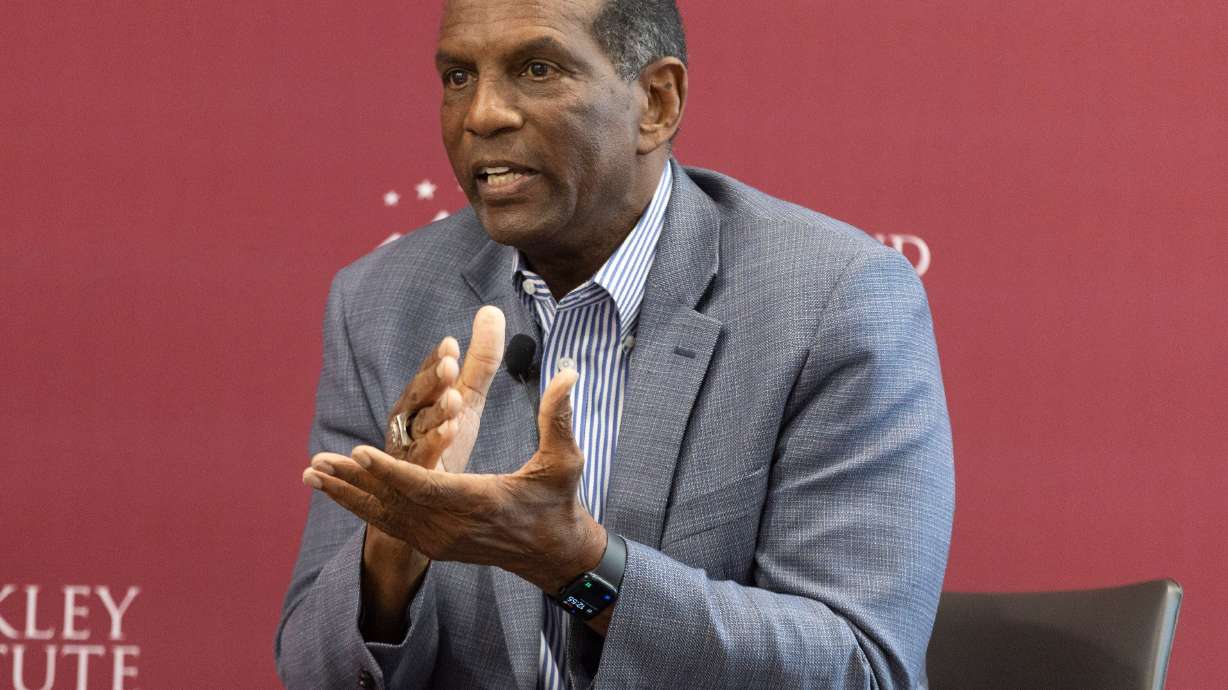 Rep. Burgess Owens, R-Utah, speaks at the Hinckley Institute at the University of Utah on Aug. 27, 2024. Owens is spearheading an effort to codify President Donald Trump's executive orders on education.