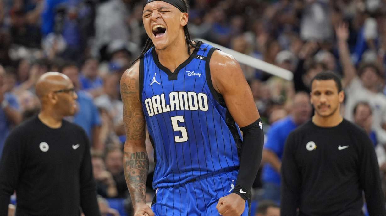 Orlando Magic forward Paolo Banchero celebrates a 3-point shot against the Boston Celtics during the first half in game 3 of a first-round NBA playoff basketball series,, Friday, April 25, 2025, in Orlando, Fla.