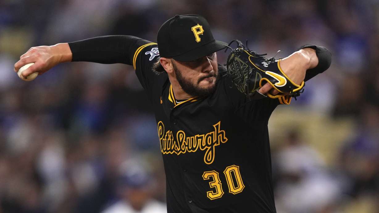 Pittsburgh Pirates starting pitcher Paul Skenes throws to the plate during the first inning of a baseball game against the Los Angeles Dodgers, Friday, April 25, 2025, in Los Angeles.