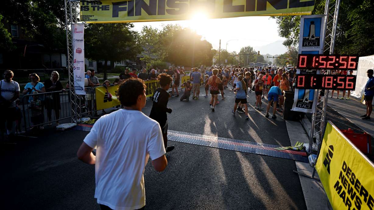 Runners compete in the Deseret News half-marathon and other races that finished at Liberty Park in Salt Lake City on July 24, 2024.