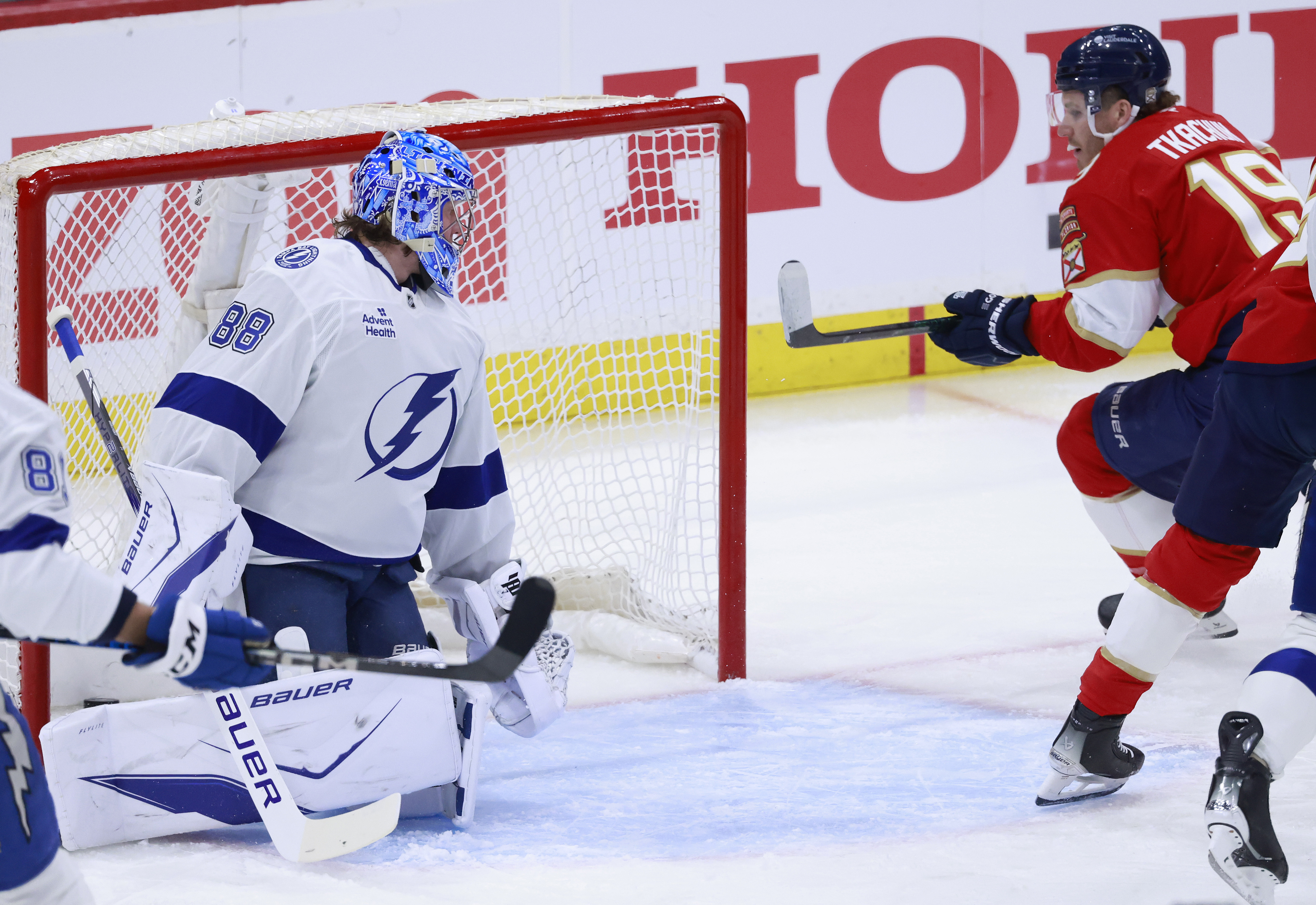 Florida Panthers left wing Matthew Tkachuk (19) scores against Tampa Bay Lightning goaltender Andrei Vasilevskiy (88) during the first period in Game 3 of an NHL hockey Stanley Cup first-round playoff series, Saturday, April 26, 2025, in Sunrise, Fla.