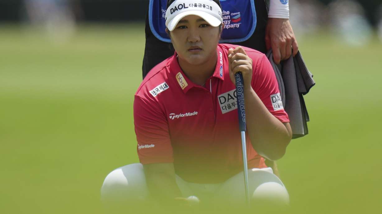 Haeran Ryu, of South Korea, lines up a putt on the eighth hole during the third round of the Chevron Championship LPGA golf tournament Saturday, April 26, 2025, in The Woodlands, Texas.