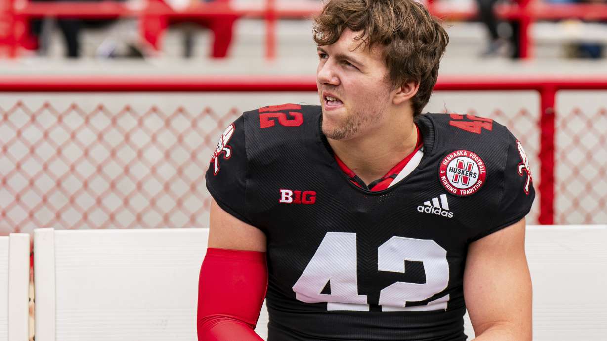 Nebraska linebacker Derek Wacker (42) sits on the bench during an NCAA college football practice Saturday, April 26, 2025, in Lincoln, Neb.